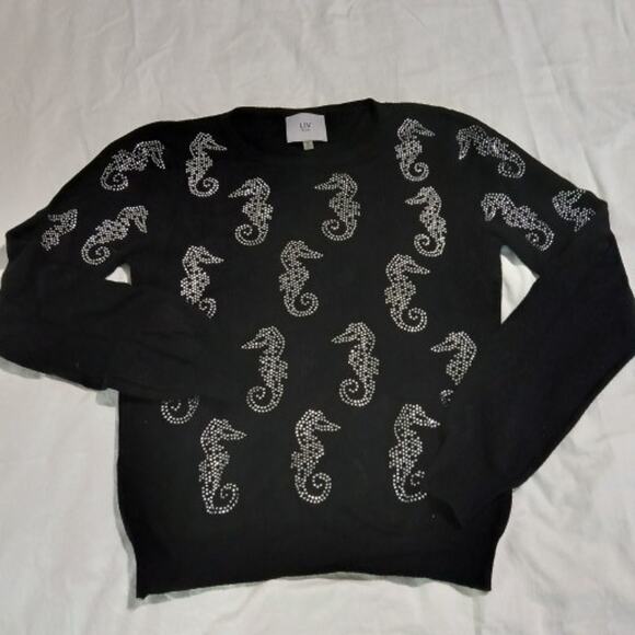 LIV Milano Small Black Long-Sleeved Metallic Seahorse Embellishment Sweater - Picture 3 of 10